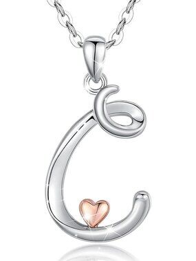 Personalized 925 Sterling Silver Initial Necklace with Rose Gold Heart - 18